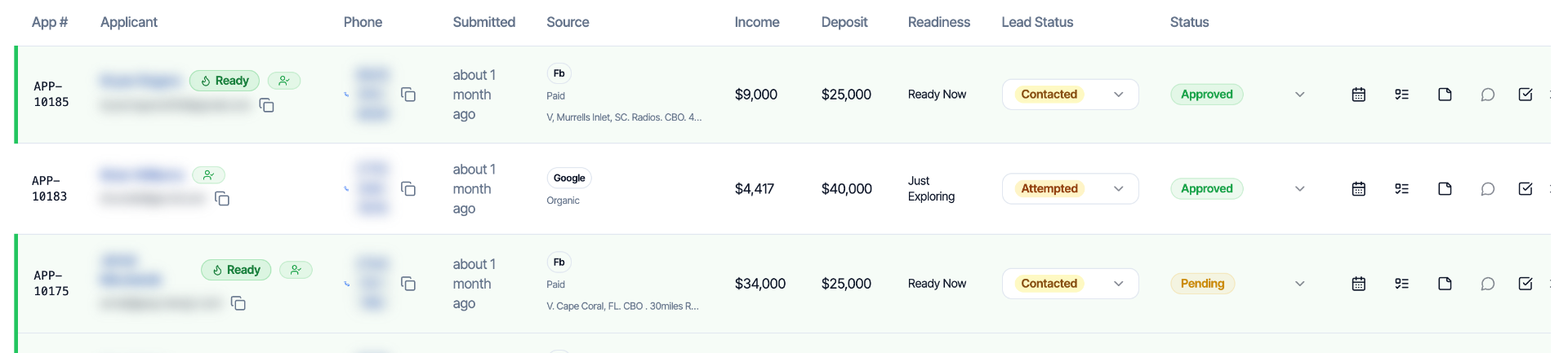 OwnFi dashboard showing live buyer applications with income, deposit and readiness for a Cape Coral listing